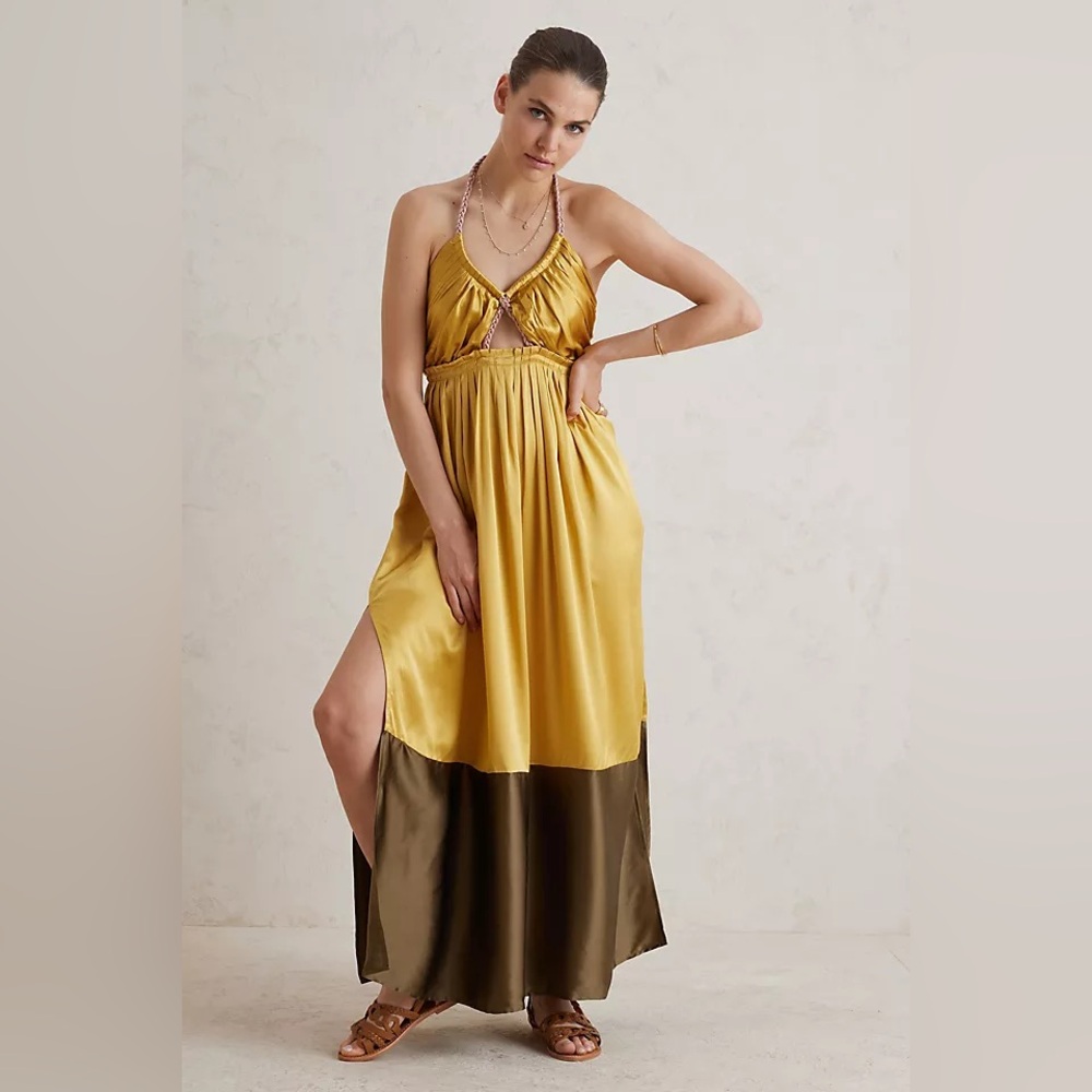 Anthropologie Yellow and Brown Maxi Dress